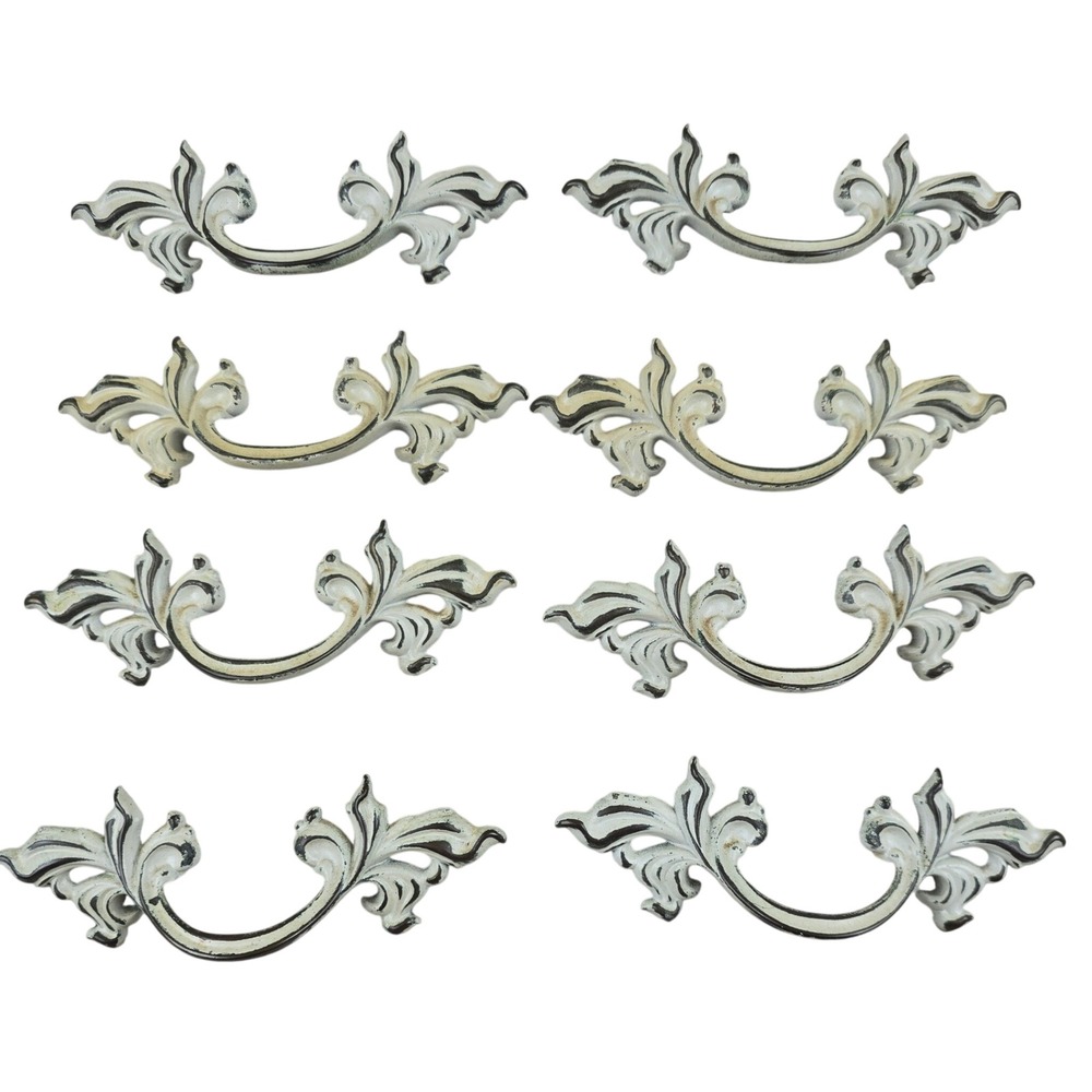 8 Vintage French Provincial Rococo Drawer Pulls Ornate Leaf Scroll 4 Pairs